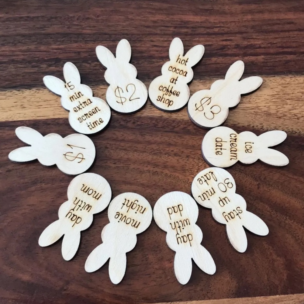 Wooden bunny tokens for Easter egg hunt